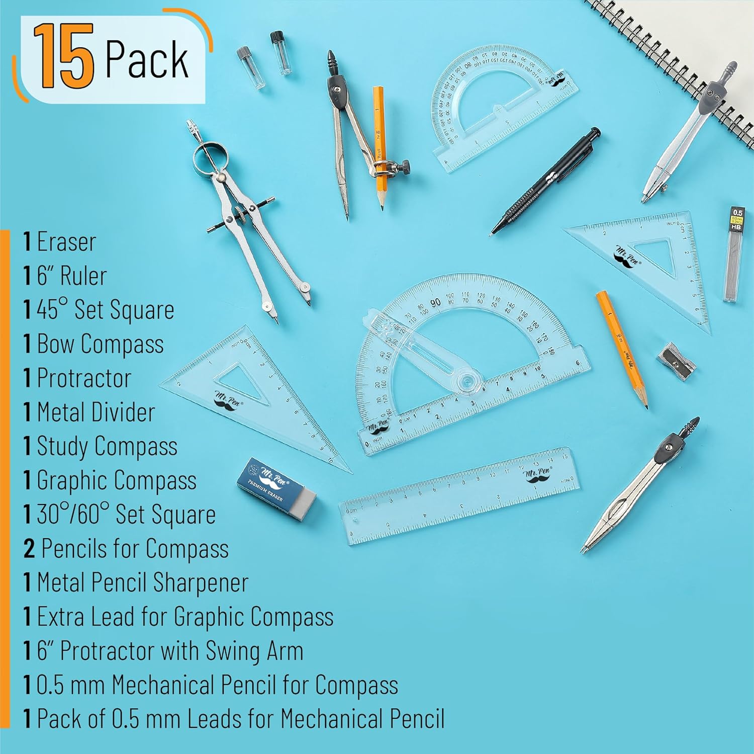 Mr. Pen Geometry Set with 6 Inch Swing Arm Protractor, Divider, Set Squares, Ruler, Compasses and Protractor, 15 Piece Set, Back to School Supplies