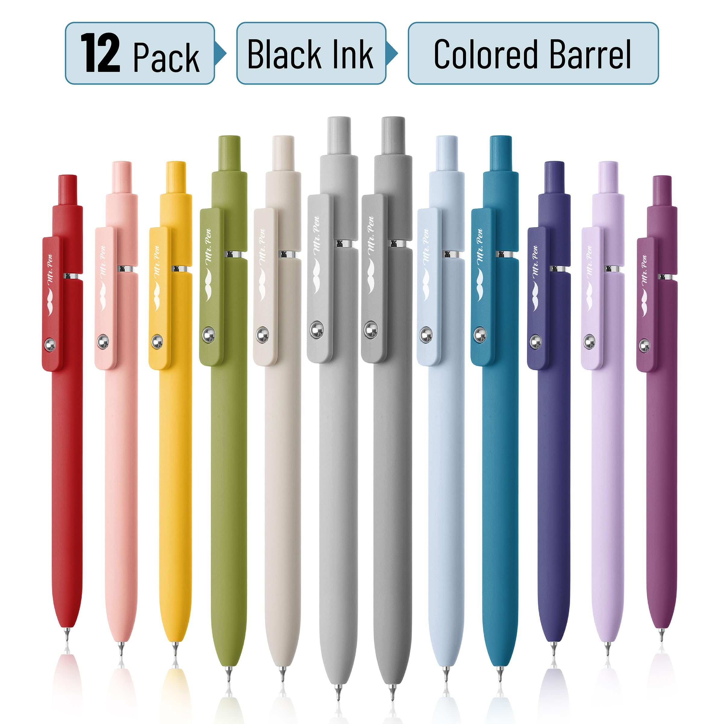 Mr. Pen- Retractable Gel Pens, 12 Pack, Morandi and Vintage Barrels, Black Ink, Fast Dry, Fine Point 0.5mm, Cute and Aesthetic for Journaling