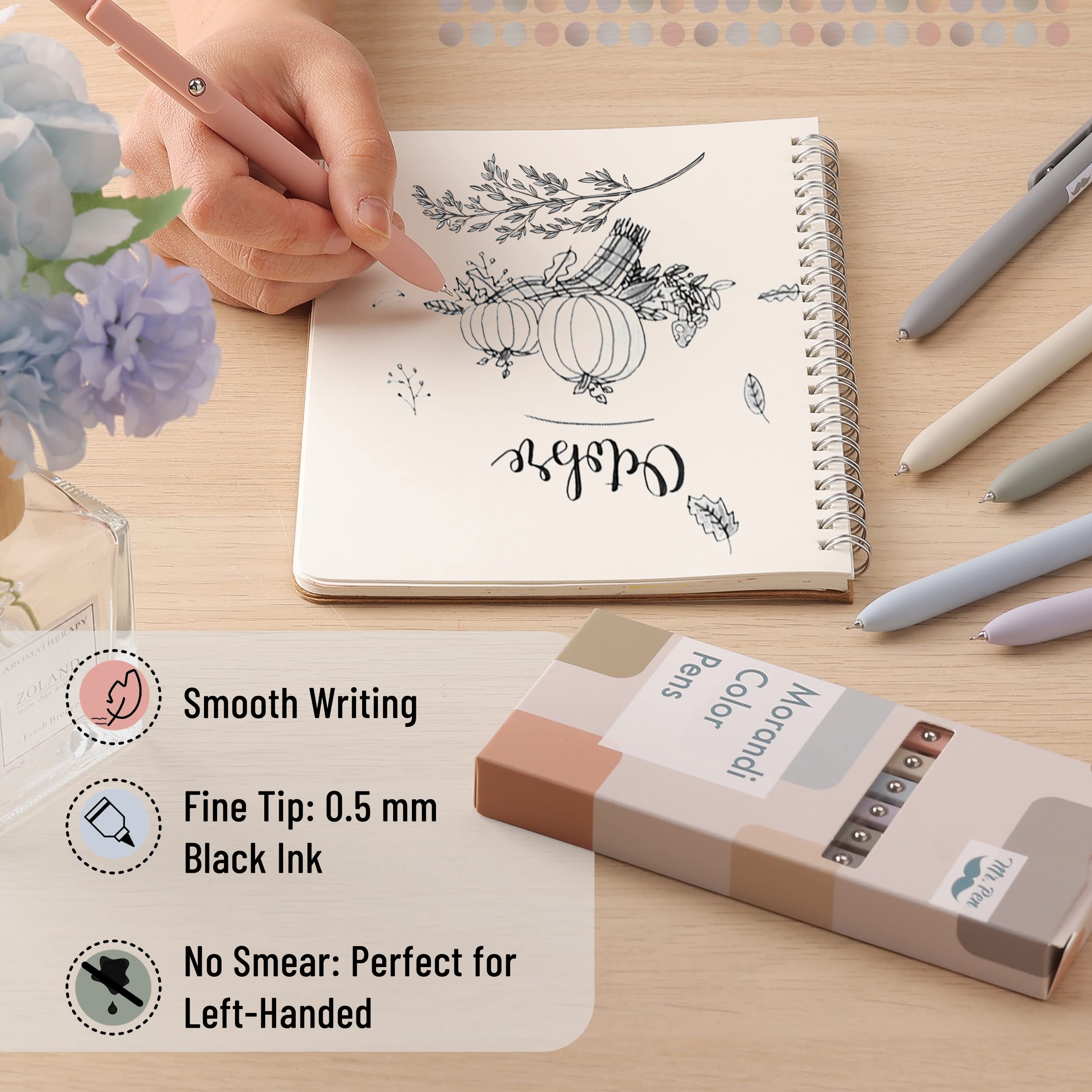 Mr. Pen- Retractable Gel Pens, 12 Pack, Morandi and Vintage Barrels, Black Ink, Fast Dry, Fine Point 0.5mm, Cute and Aesthetic for Journaling