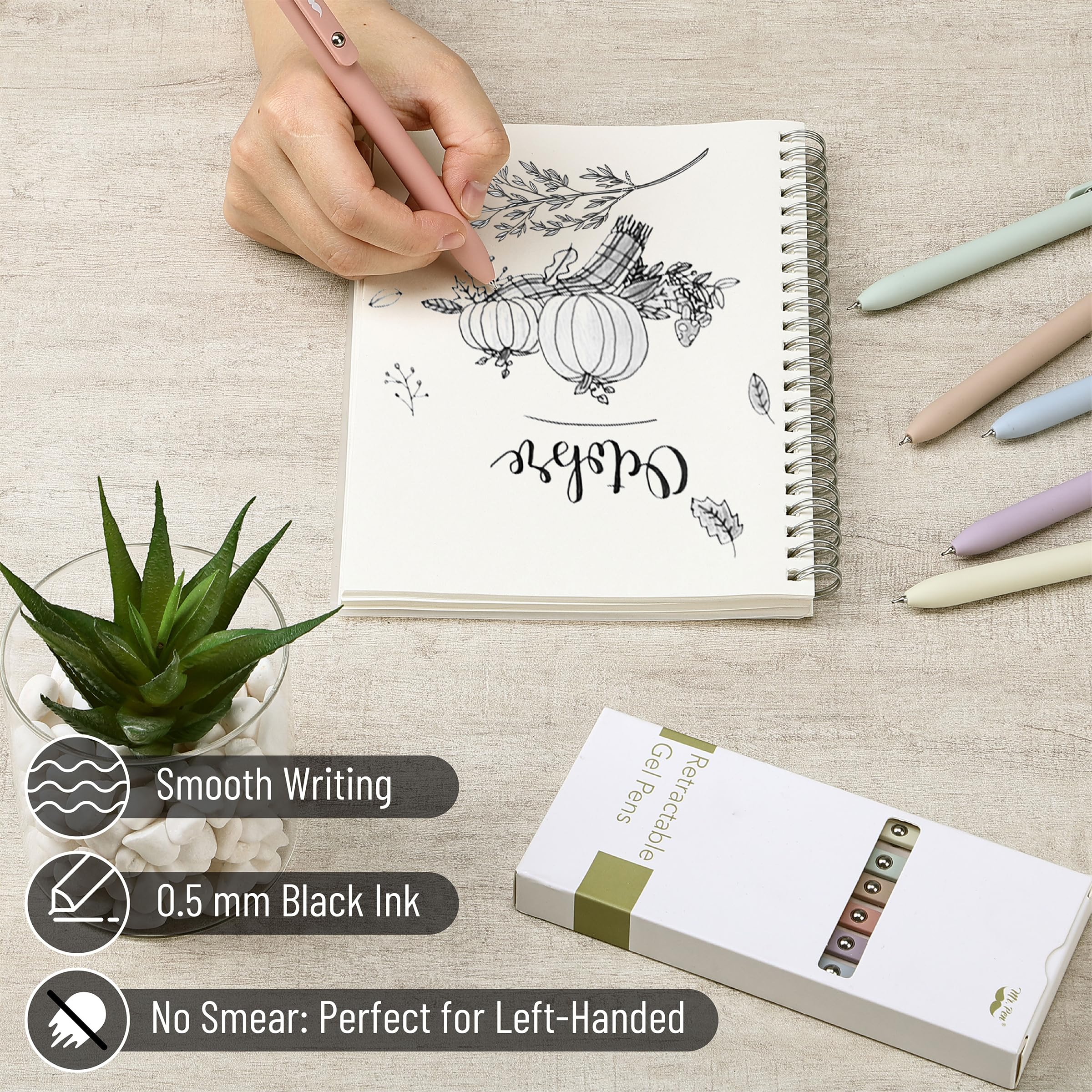 Mr. Pen- Retractable Gel Pens, 12 Pack, Morandi and Vintage Barrels, Black Ink, Fast Dry, Fine Point 0.5mm, Cute and Aesthetic for Journaling