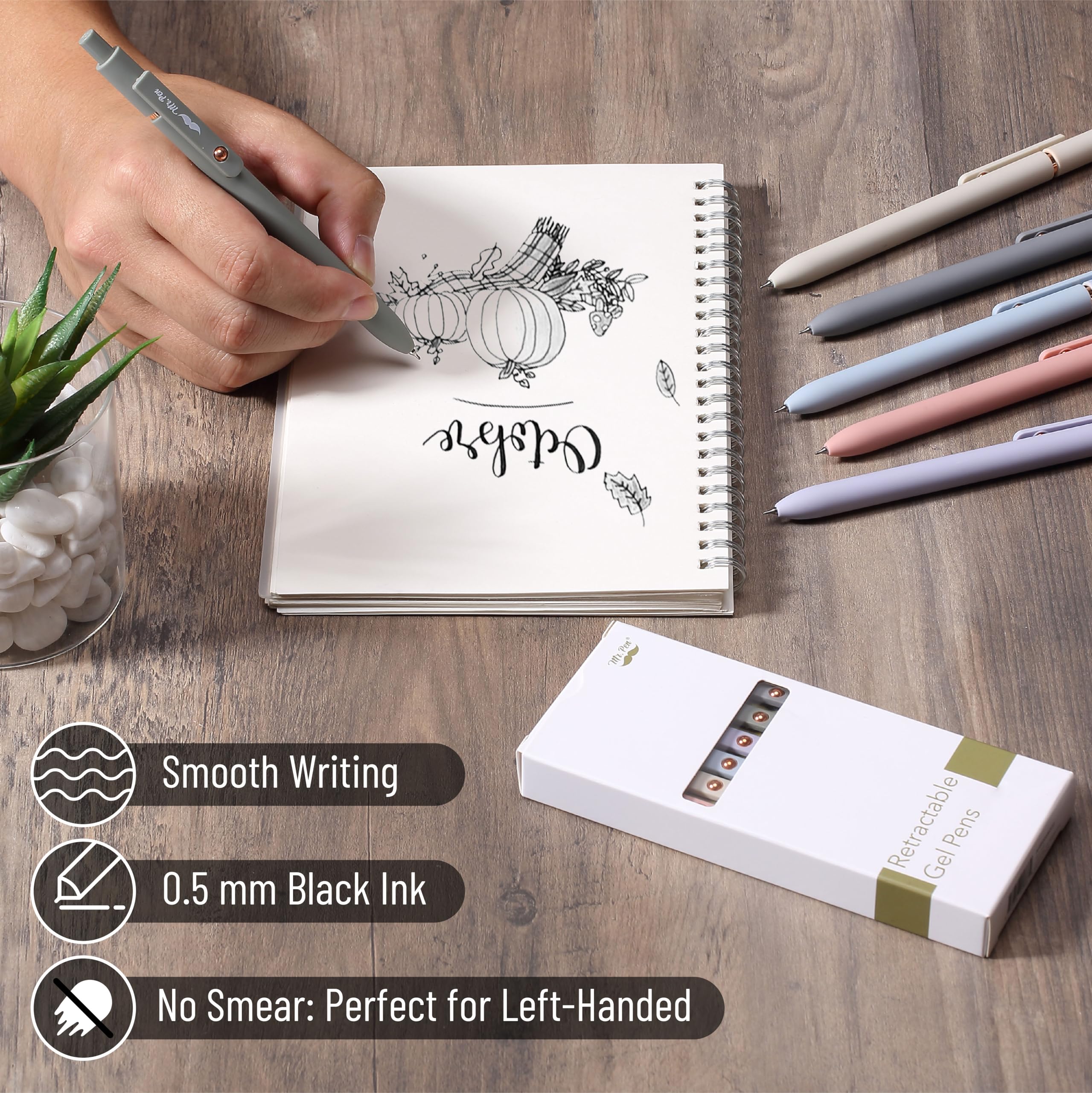 Mr. Pen- Retractable Gel Pens, 12 Pack, Morandi and Vintage Barrels, Black Ink, Fast Dry, Fine Point 0.5mm, Cute and Aesthetic for Journaling