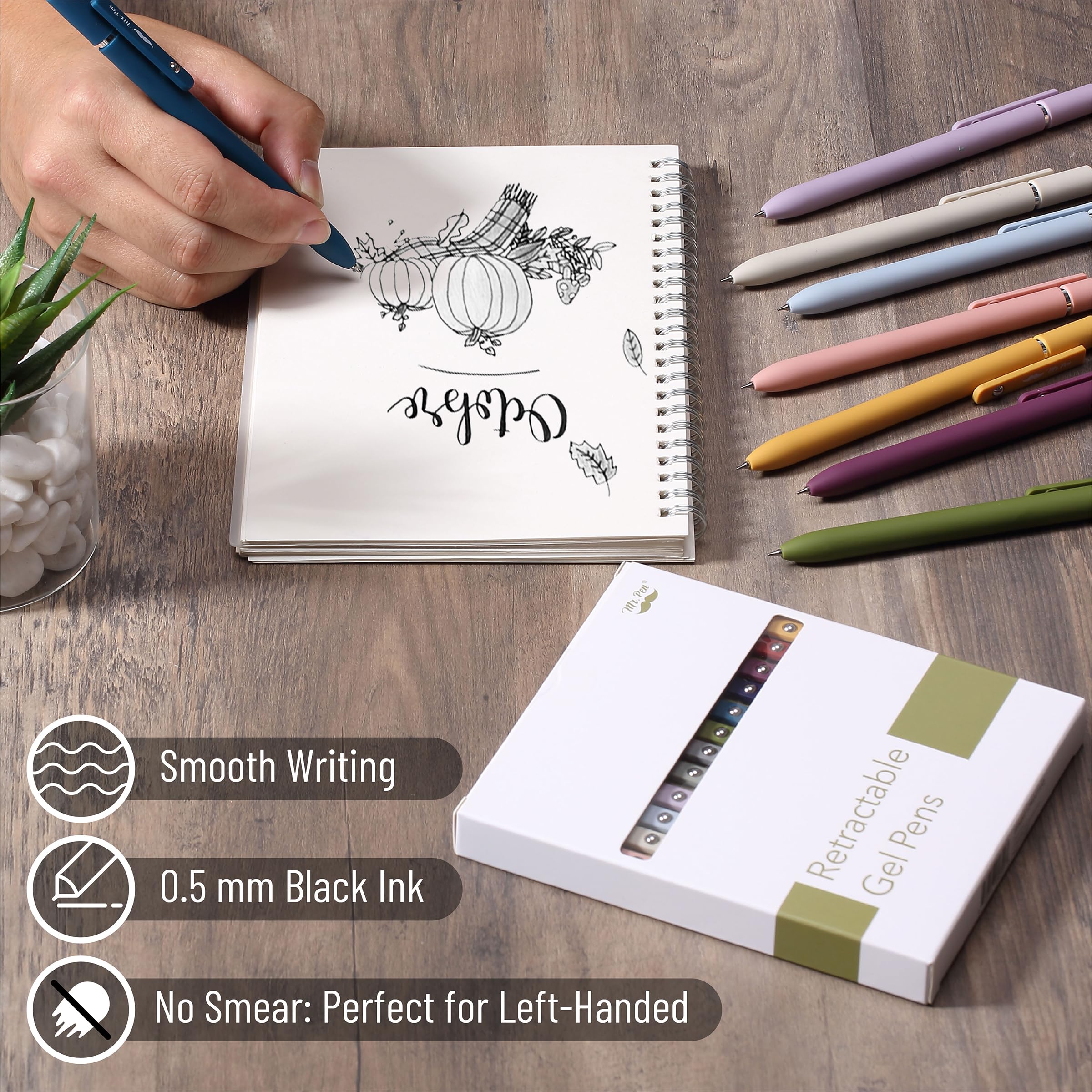 Mr. Pen- Retractable Gel Pens, 12 Pack, Morandi and Vintage Barrels, Black Ink, Fast Dry, Fine Point 0.5mm, Cute and Aesthetic for Journaling